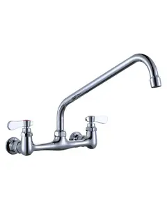 WOWOW Commercial Sink Faucet with 14” Swivel Spout, 8" Center Wall Mount Kitchen Faucet, Dual Handles Brass Utility Sink Faucet for Laundry Room Restaurant Compartment Sink, Polish Chrome