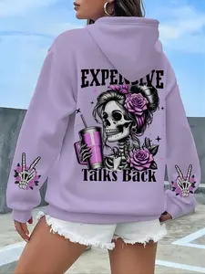 Street Style Skull Rose Print Hoodie, Unisex Fashion Fitted Pullover, Casual Graphic Sweatshirt for Spring & Fall, Trendy
