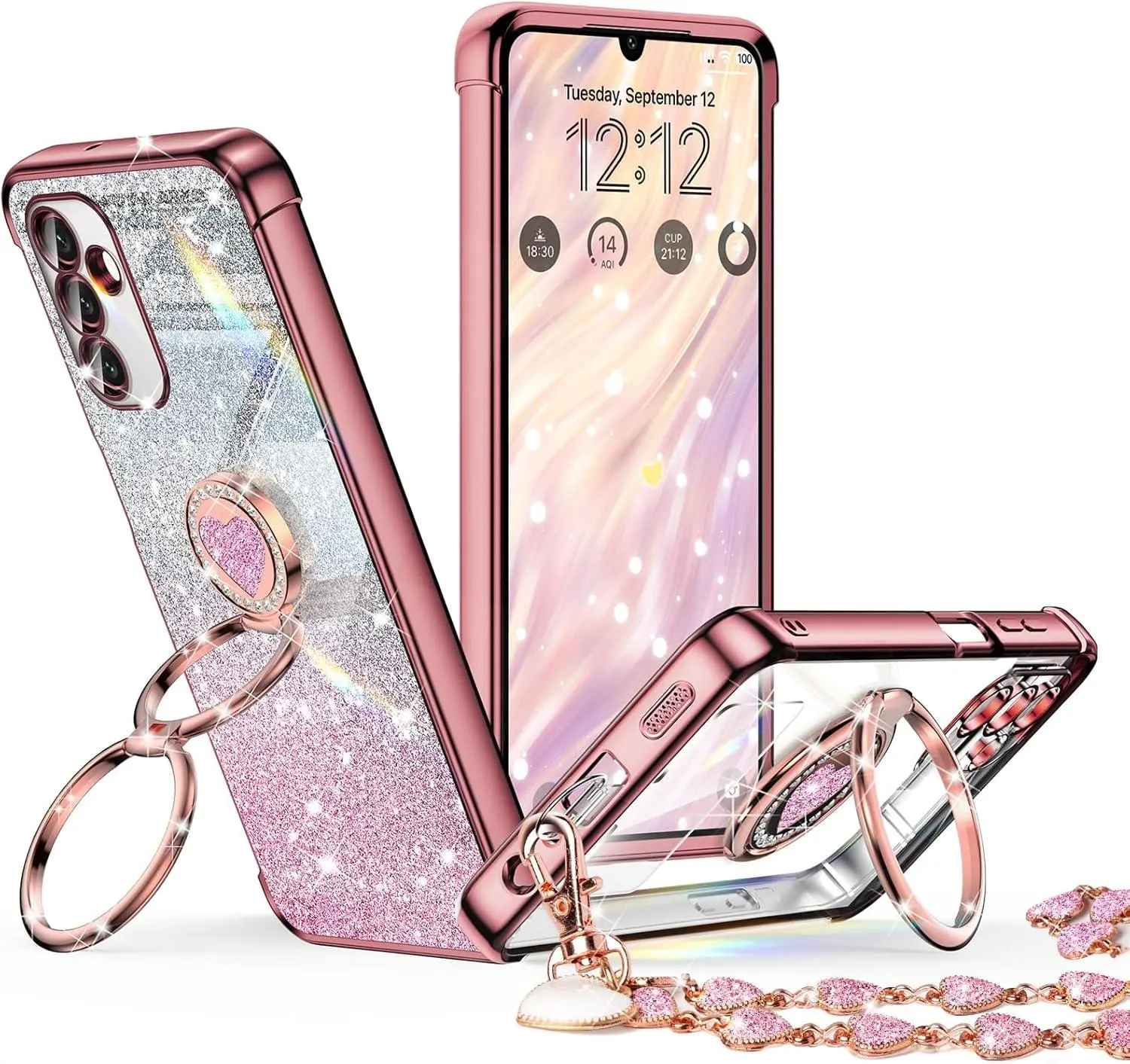 for Samsung Galaxy A15 5G Case with Stand, Phone Case with Double Ring Kickstand, Women Girls Bling Luxury Glitter Clear Phone Cover Heart for Samsung Galaxy A15 5G, Rose Gold