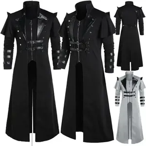 Mens Medieval Renaissance Punk Retro Long Slit Leather Coat for Stage Play Performance Photography Distressed Velvet Coats