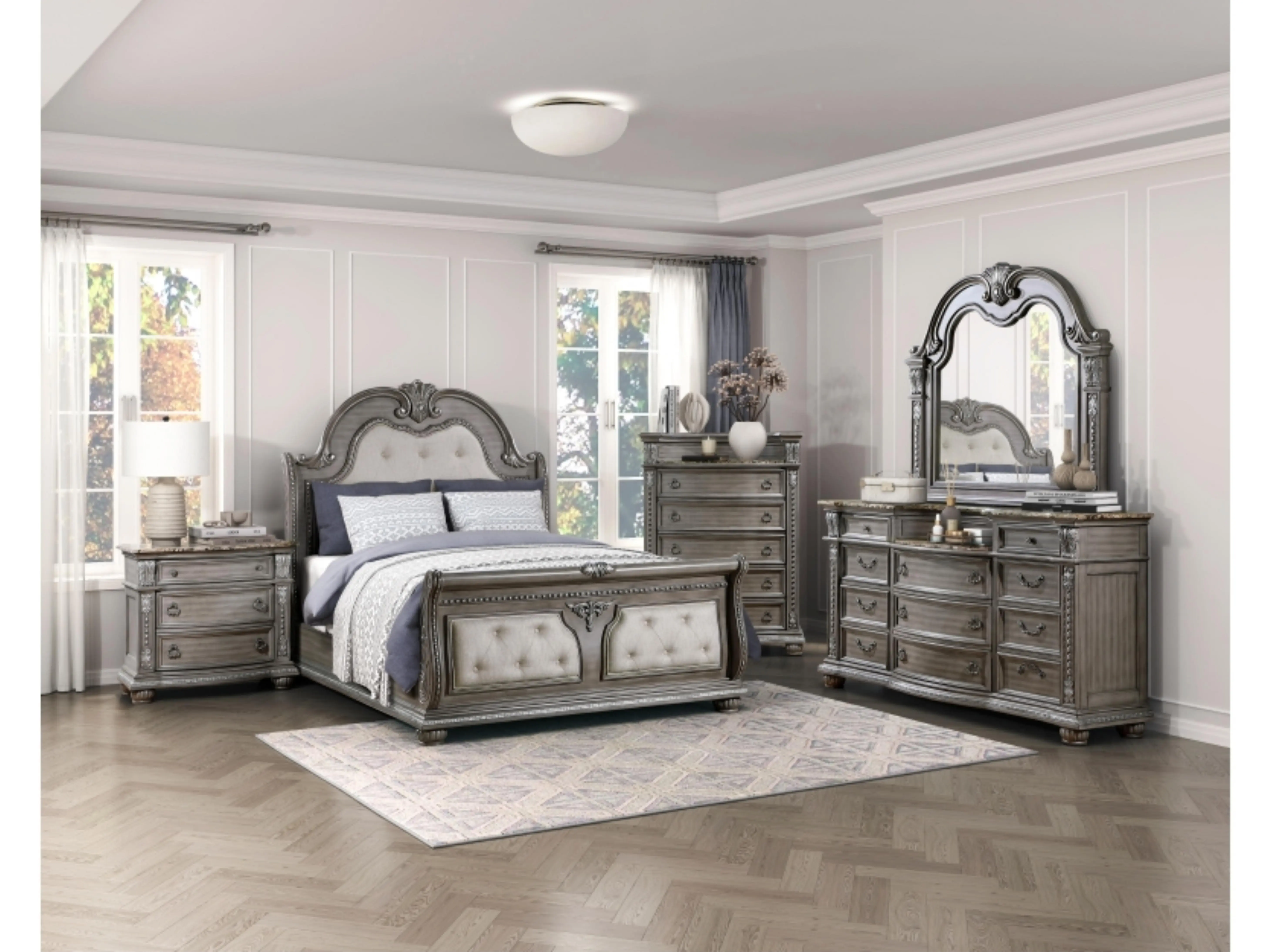 Homelegance Bennington Queen Wood Sleigh Bedroom Set - 4-Piece Grey Wood Set with Tufted Headboard, Footboard, Nightstand, Dresser, Assembly Required, Complements Interior Styles, Unique Aesthetic Appeal (Bed:67.5"x94.5"x70"h; Dresser:68.5"x21"x41"h)