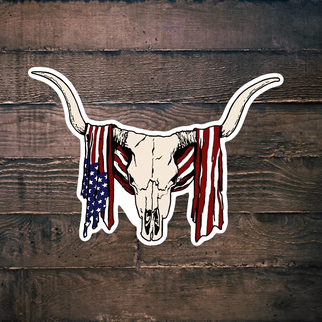 Die Cut Vinyl Sticker, Western and Patriotic - American Flag Longhorn Skull, Funny Decals.