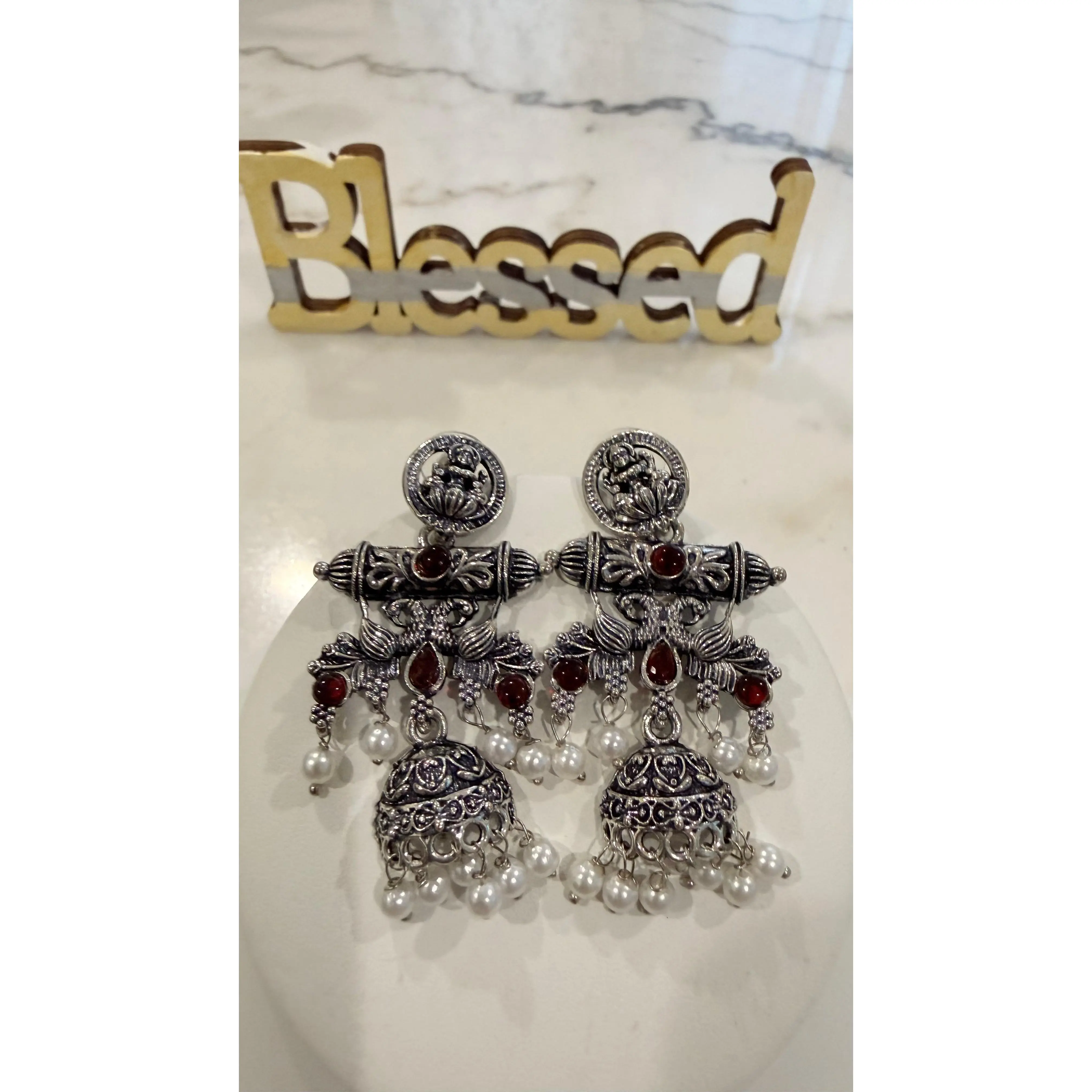 Traditional Oxidized Silver Jhumka Earrings for Women with Lakshmi Motif, Turquoise and Maroon Accents, and Pearl Drops for Festive Wear, Drop Earrings, Female, Artificial Pearl, Gemstone Setting Earrings