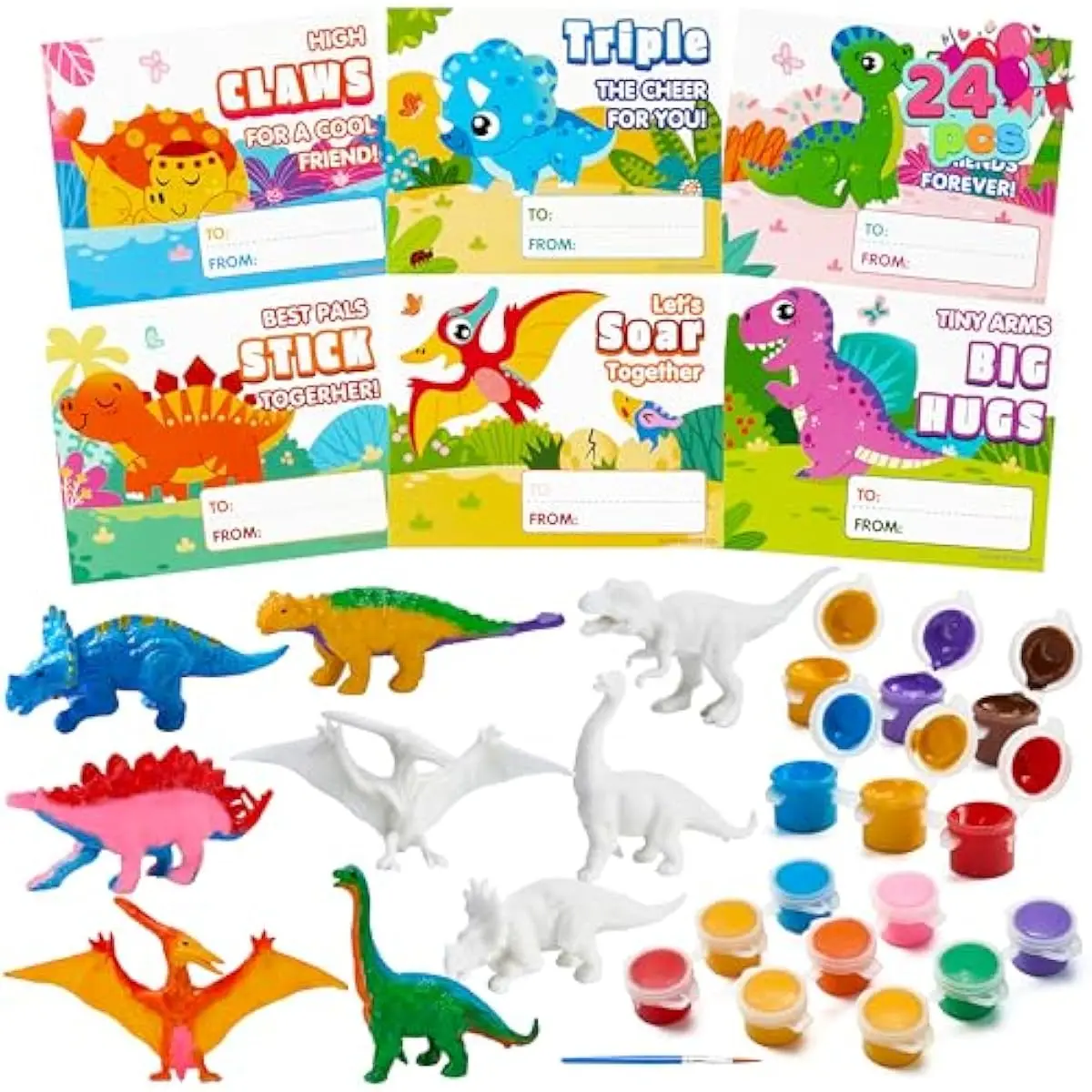 24 Pcs Valentines Day Dinosaur Painting Set with Cards, PVC Dinosaur Figure with Multi-Color Acrylic Paints & Brushes, Valentine's Day Kids Gift Classroom Craft Prize Goodie Bag Stuffers