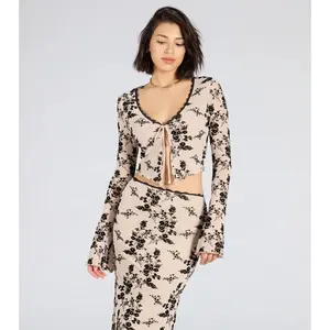 Flirt Alert Flocked Floral Mesh Tie-Front Top