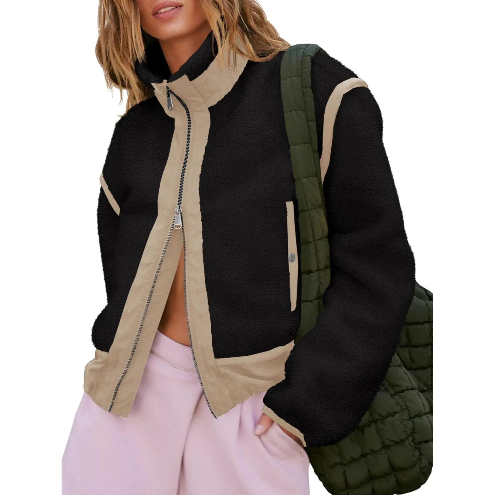 Womens Cropped Zip Up Fleece Jacket Stand Collar Fuzzy Sherpa Coat Winter Color Block Teddy Outerwear