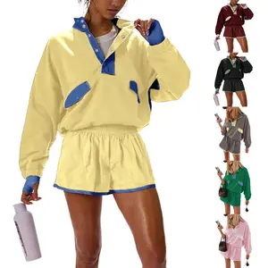 Naeduo Women's Two Piece Short Sets Summer Lounge Sweatsuits Long Sleeve Outfits Travel Tracksuit with Pocket Cloud-Like Comfort  Waist Shorts High-Waisted Fit Trendy Color Block Design Versatile Stylish Design Womenswear Casual Light Clothes