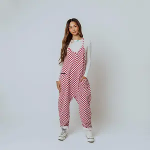 Women's Tank Romper - Washed Red and White Mini Check