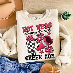 Hot Mess Always Stressed Cheer Mom Sweatshirt, Cheerleading Sweatshirt, Cheer Design, Cheerleader Sweatshirt, School Spirit, Red Black