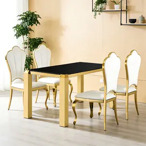 69.22'' Gold Dining Table for 6-8 Modern Rectangle Kitchen Table with Black Tempered Glass Top and Golden Mirror Stainless Steel Legs Great Size Table for Dinner Easy to Assemble and Clean Large Tables for Home Office Appartment(Only Table)