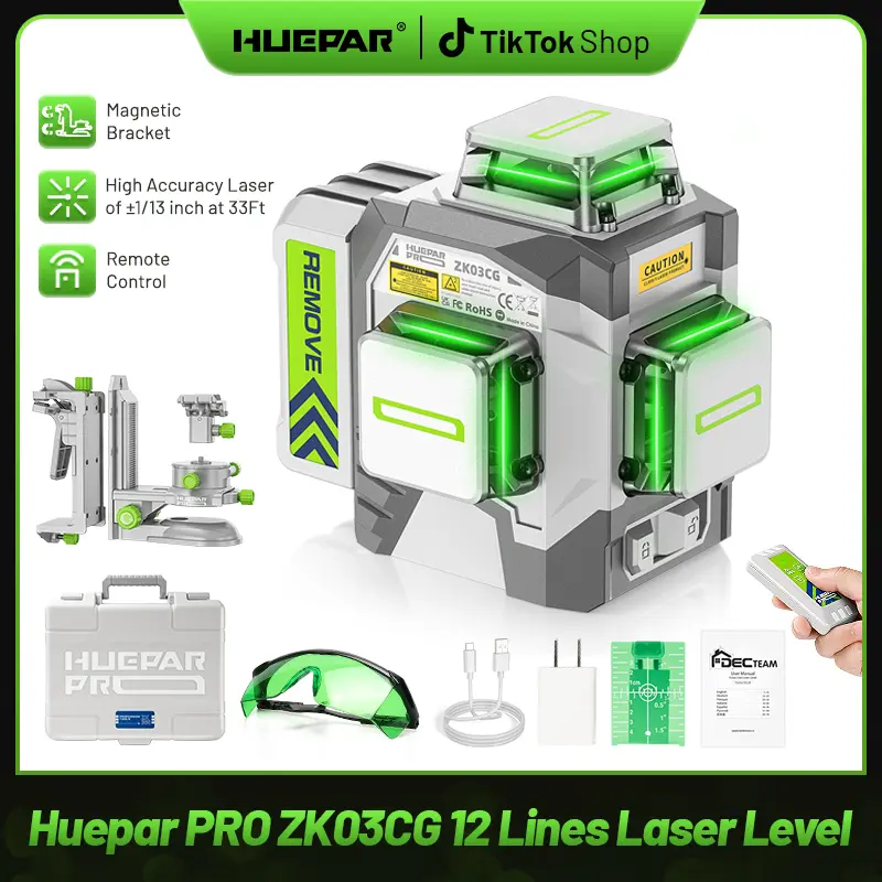 Huepar 3x360 Green Beam Self-Levelling 3D Cross Line Portable Laser Level, High-Accuracy Measuring Tool with 8000mAh Rechargeable Li-ion Battery, Magnetic Bracket, Hard Carry Case ZK03CG, Self Levelling Laser
