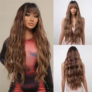 long Body Wave heat-resistant Synthetic high temperature fiber Wig with Bangs – Premium Heat‑Resistant Honey Brown Highlights woman daily party use middle part cosplay girl party daily use long wavy wig easy wear hairstyle fake hair Body Wave Wigs