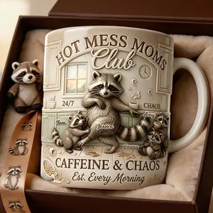 Personalized Raccoon Mom Mug 2D Printed 3D Effect “Hot Mess Mom” Coffee Cup Custom Name Cute Funny Design Unique Gift for Moms Keepsake Birthday Mother’s Day Present Idea for Her