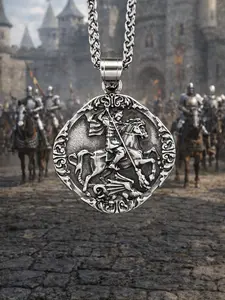 The Armored Kingdom Saint George Dragon Slayer Necklace - Zinc Alloy Medieval Medallion, Unisex Adjustable Long Chain Link, Dragon Inspired, Fantasy Style, Metal Construction, Warrior Armor Necklaces for Cosplay & Daily Wear, Dragon Inspired Necklaces