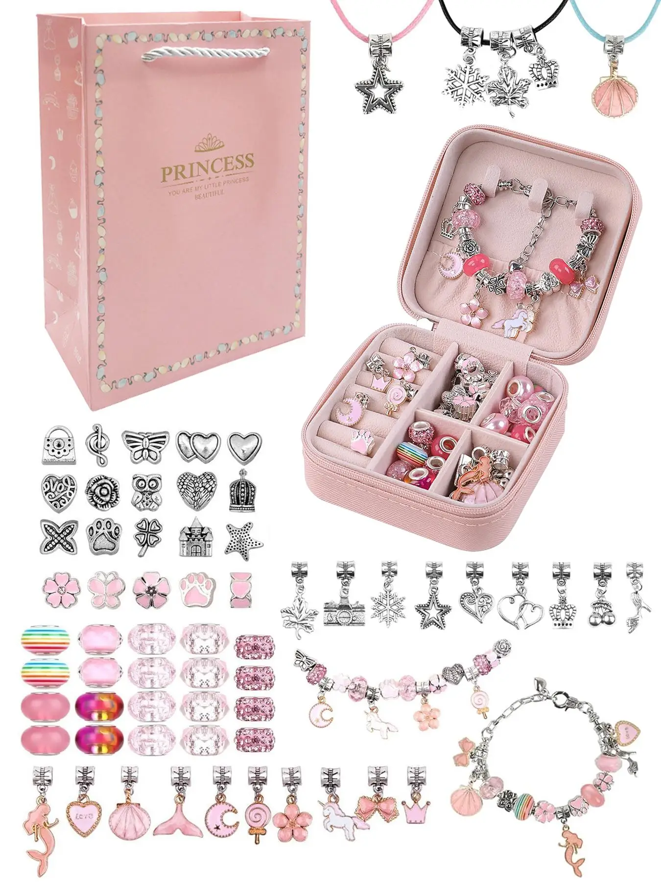 Princess Themed Heart & Star & Shell Design Jewelry Making Kit, Including Beads & Charms & Accessories, DIY Jewelry Making Kit for Bracelet Necklace E
