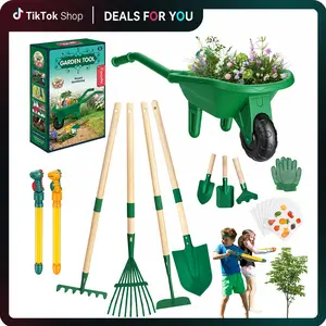 Kids Gardening Tools Set with Wheelbarrow, Wooden & Metal Outdoor Gardening Toys for Summer Outdoor Yard Digging & Weeding, Easter Birthday Gifts for Boys Girls Age 3+ Years, SummerVibes.