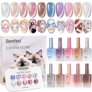 Beetles Hema Free Cat Eye Gel Polish Box - Soak Off UV LED Gel Nail Kit, 10Colors Glitter Cat Eye Glint Gel Polish Kit Silver Nude Pink Blue Brown Purple Magnetic Shine Soak Off UV French Nail Art Salon DIY Manicure Gift for Women