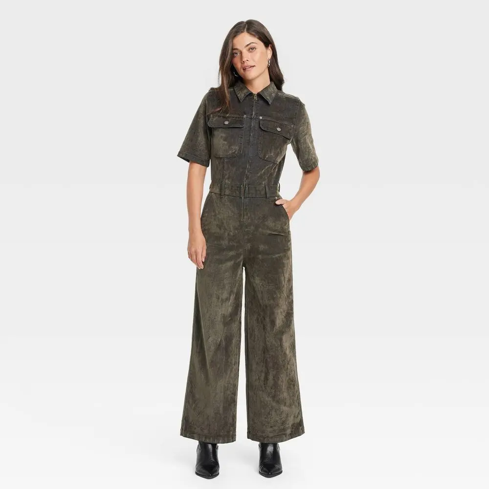 Women's Holiday Short Sleeve Flocked Denim Jumpsuit - Universal