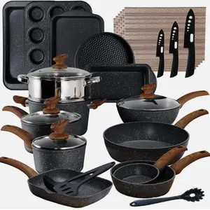 Pots and Pans Set Nonstick Kitchen Induction Cookware Set Granite Coated Pot Set with Wooden Handles Nonstick Coating for Easy Cleaning