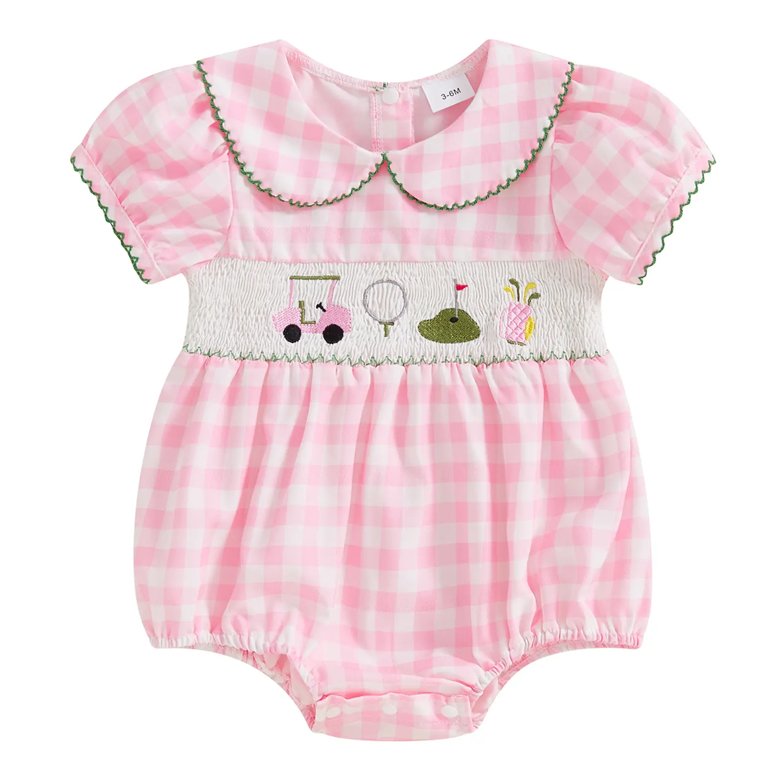 Baby Girl Cute Golf Plaid Smocked Romper Bodysuit Short Sleeve Peter Pan Collar  Jumpsuit Playsuit Newborn Coming Home Outfit #Springtok