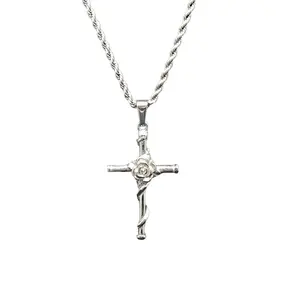 Cross with rose stainless steel necklace