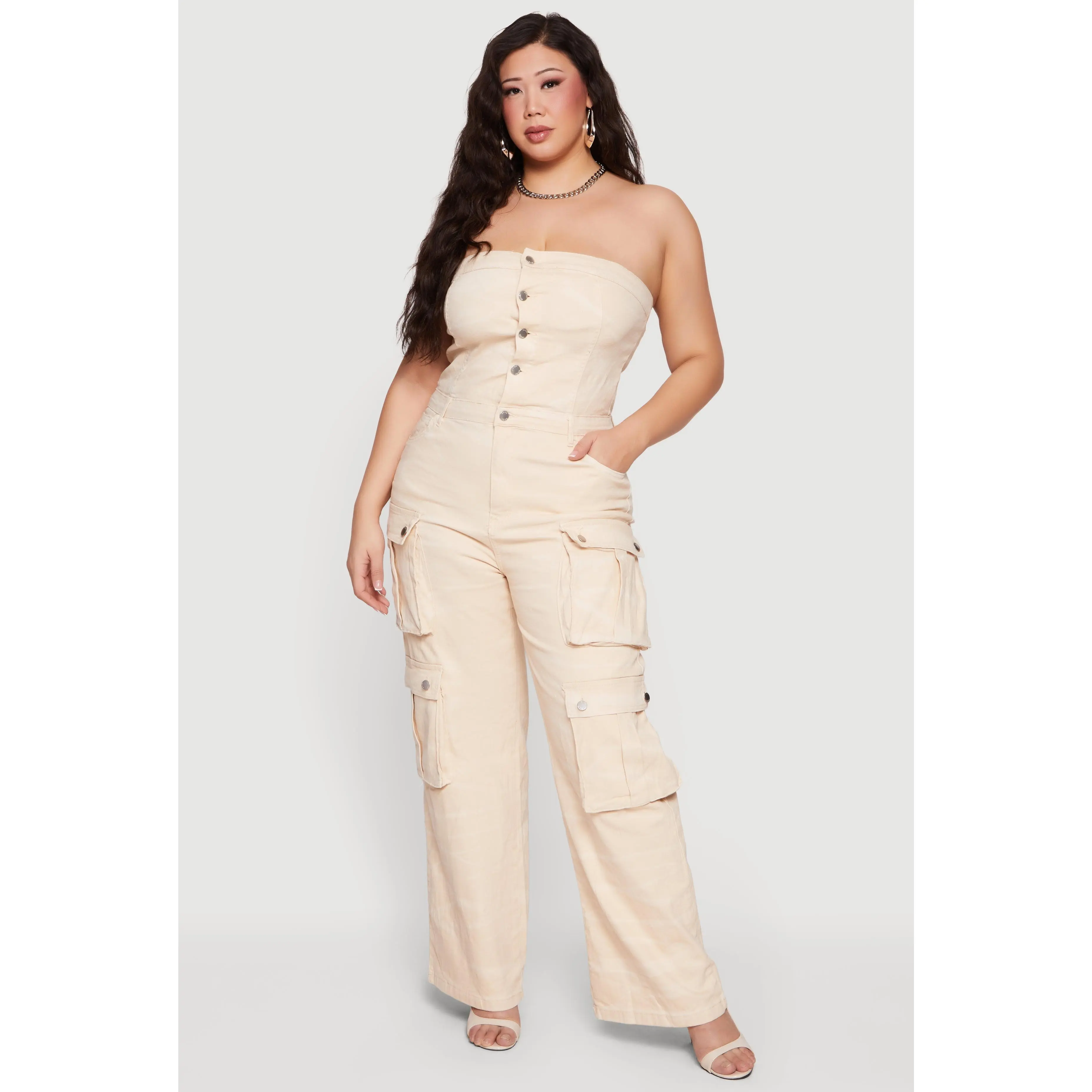Plus Size Strapless Denim Utility Cargo Jumpsuit