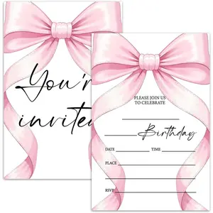 Pink Bow Birthday Invitation Cards For Girls Adult Teens, Birthday Party Supplies Favors, 20 Fill-In Invitation Cards with Envelopes -25
