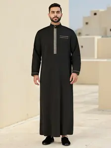 Men’s Traditional Muslim Thobe – Black Islamic Robe with Embroidery, Arabic Kaftan for Ramadan, Prayer & Daily Wear