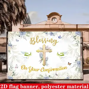 Eucharist Party Banner, Polyester Fabric, Floral and Cross Design, Wedding, First Communion, Birthday, Holiday Decorations