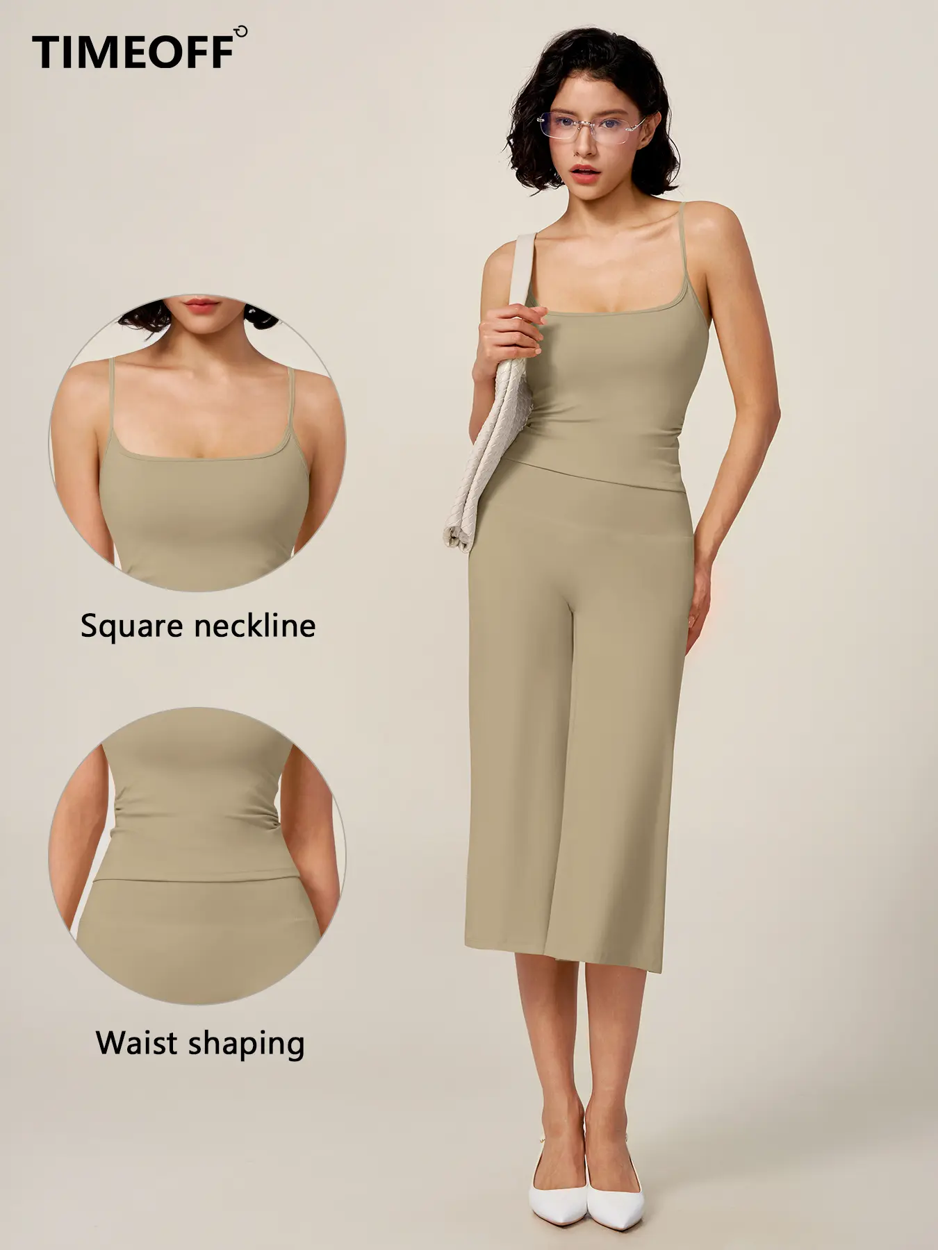 [TIMEOFF] Women's Slim-Fitting 2-Piece Activewear Workout Set, Square Neck Crop Cami & High-Waist Wide Leg Pants, 4-Way Stretch Fabric, Athletic Yoga Set for Gym & Casual Loungewear, All Seasons, Do Not Dry Clean