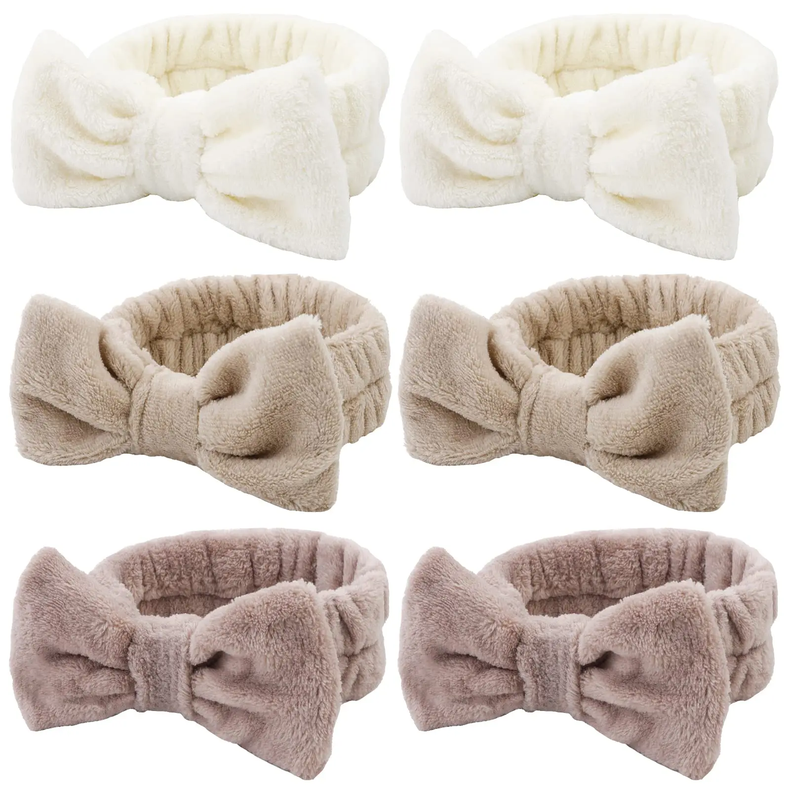6 Pack Spa Makeup and Facial Microfiber Bow Headbands - Fluffy Hair Bands for Skincare and Face Washing