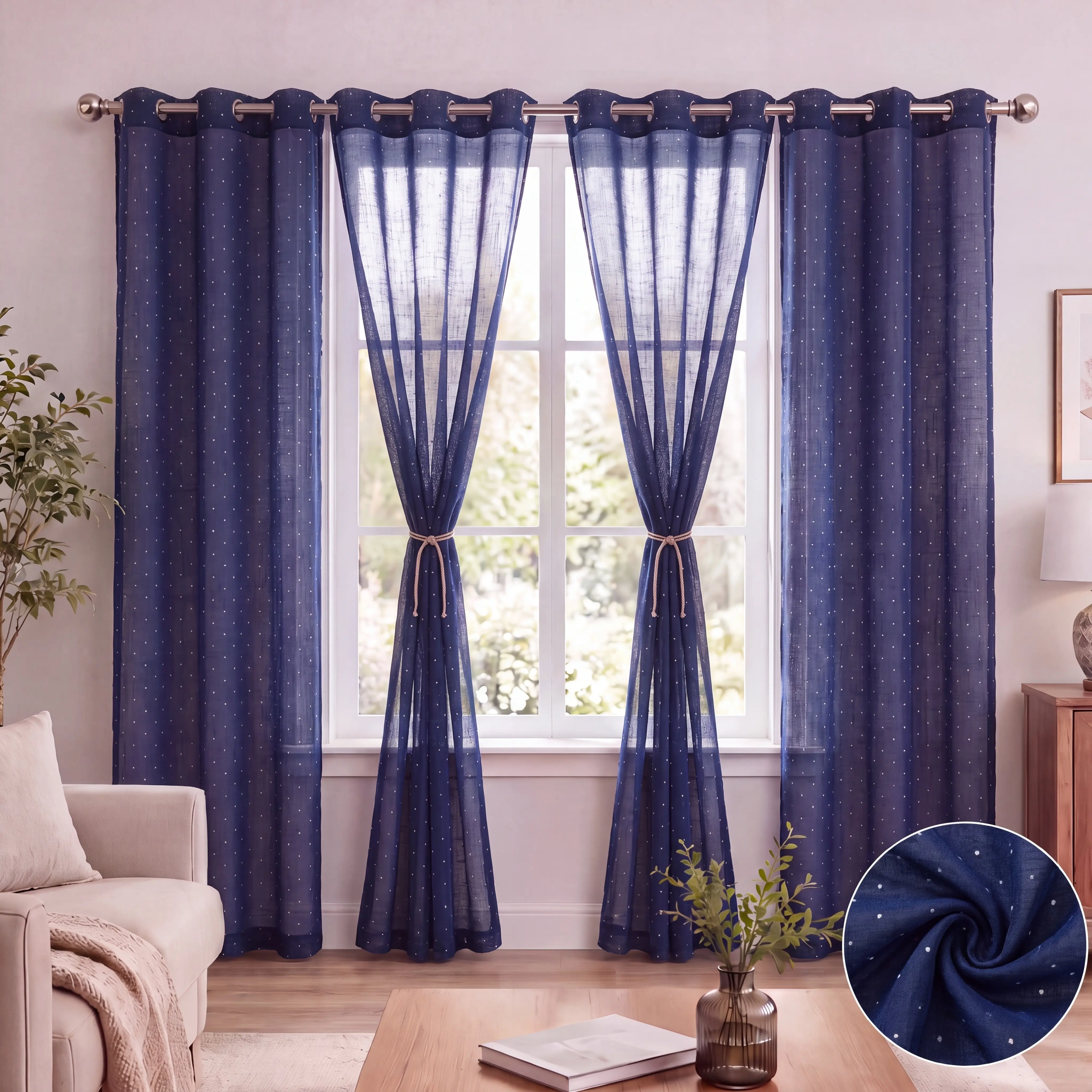 4-Panel Rhinestone Sheer Curtains Set (34x84 in) - Flat Weave Solid Pattern Cross Linen Textured Voile, Metal Grommet Top Semi-Transparent Light Filtering Drapes with Starry Glitter Hot Fix Crystal Dots, Interior Decoration Accessories for Bedroom FT2930