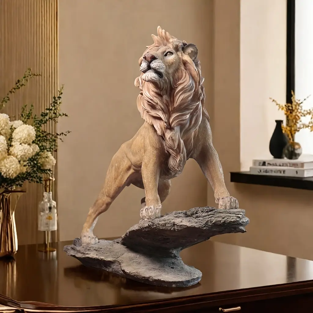 The 15"tall Lion Resin Statue, Vintage Style, Exquisite Details, Perfect For Success Symbol And Home Decoration, Perfect For Office, Bar Display