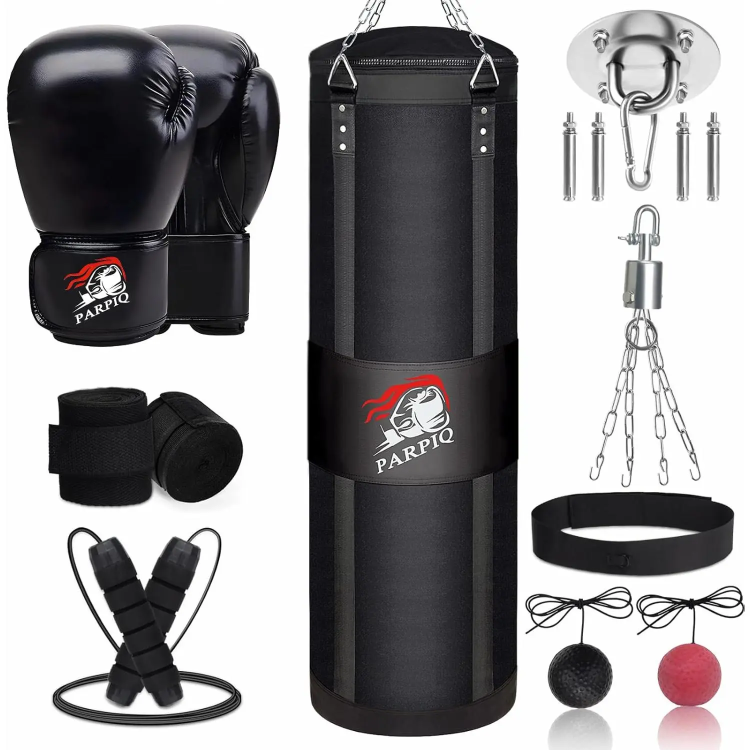 4FT Unfilled Canvas Hanging Punching Bag Set for Adults - 12oz Boxing Gloves, Hand Wraps, Jump Rope, Reflex Ball for MMA, Kickboxing Home Training