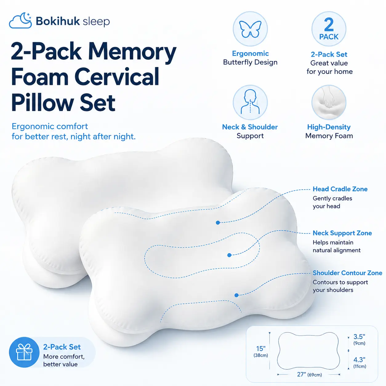 2-Pack Contoured High-Density Cloud Memory Foam Pillows for Sleeping, Ergonomic Multi-Zone Cervical Neck Support, Contoured Shape for Back and Neck Care & Body Alignment, Home Bedroom Bedding (27"x15")