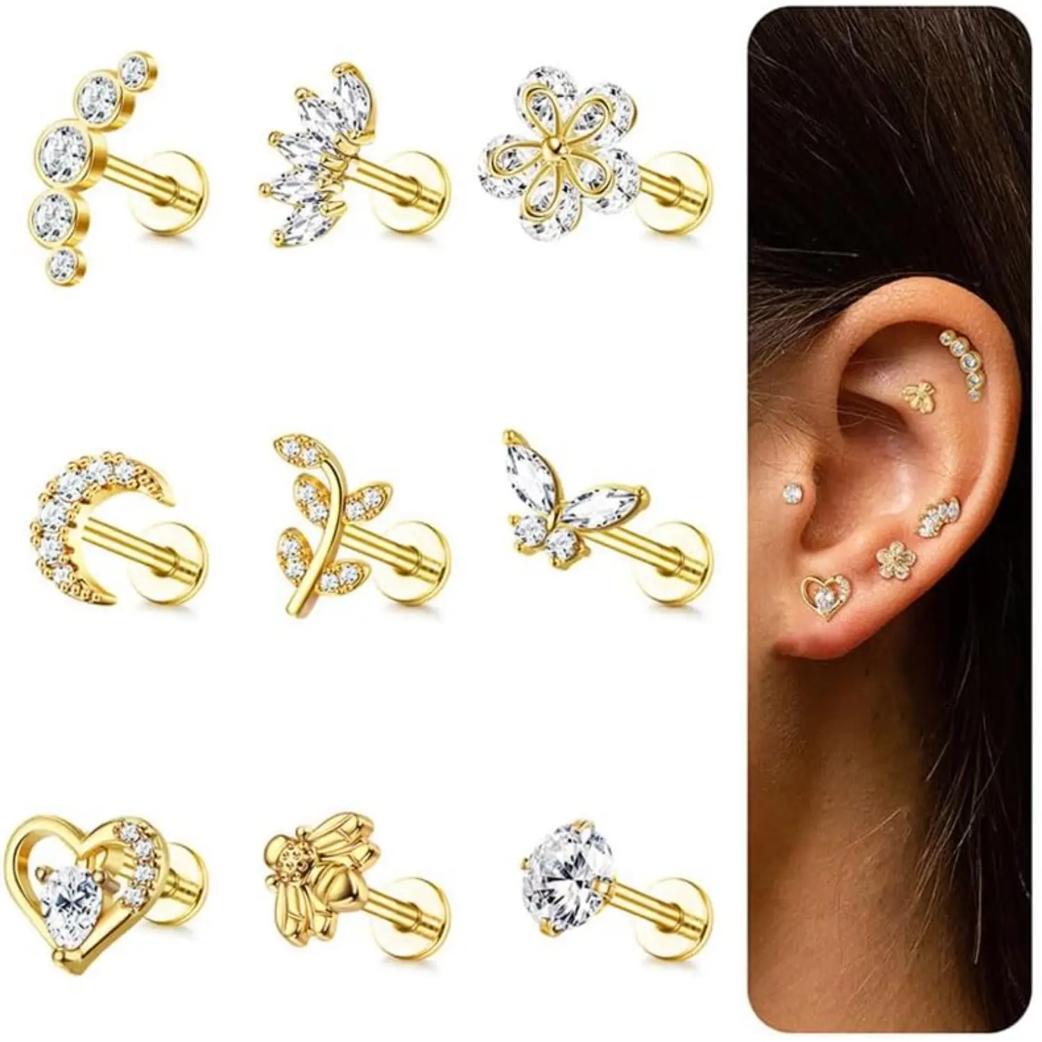 CASSIECA 9pcs 16G Stainless Steel Stud Earrings Jewelry Set - Tragus, Helix, Conch, Labret Jewelry with Cubic Zirconia, Butterfly, Moon Designs in Gold, Silver for Women - Daily Stacking Accessory