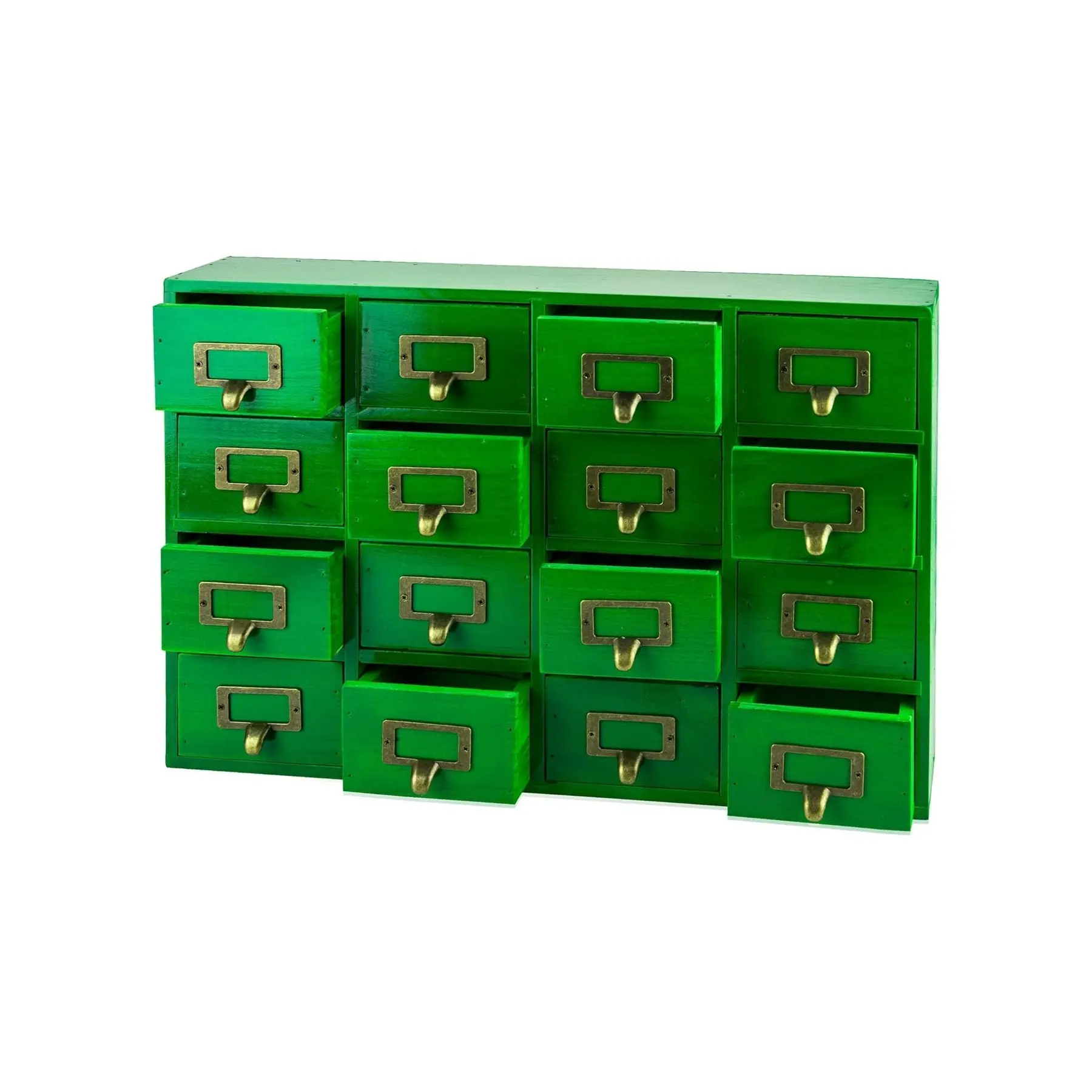 Traditional Wooden Xmas Green Apothecary Cabinet - 16-Drawer Wood Organizer with Card Catalog Design, Label Holders, Handles, Ideal for Workstation, Countertop, Bathrooms, Christmas Decor