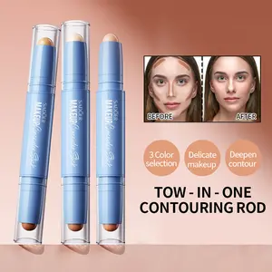 Ivory White02 + Light Coffee Color 02 Double-Sided Contour Stick Concealing and Setting Waterproof Highlighter Three-Dimensional Face Brighten Pen Fast Concealer Repair Smear-Proof Makeup Bronzer Cosmetic