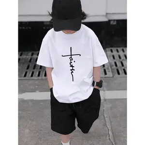 Boys' Fitted Cut Casual Beige "Faith" Print Crew Neck Short Sleeve T-Shirt - Stretchy Polyester Blend, Machine Washable, Summer Kids' Sports Clothing, Tween Boy Apparel