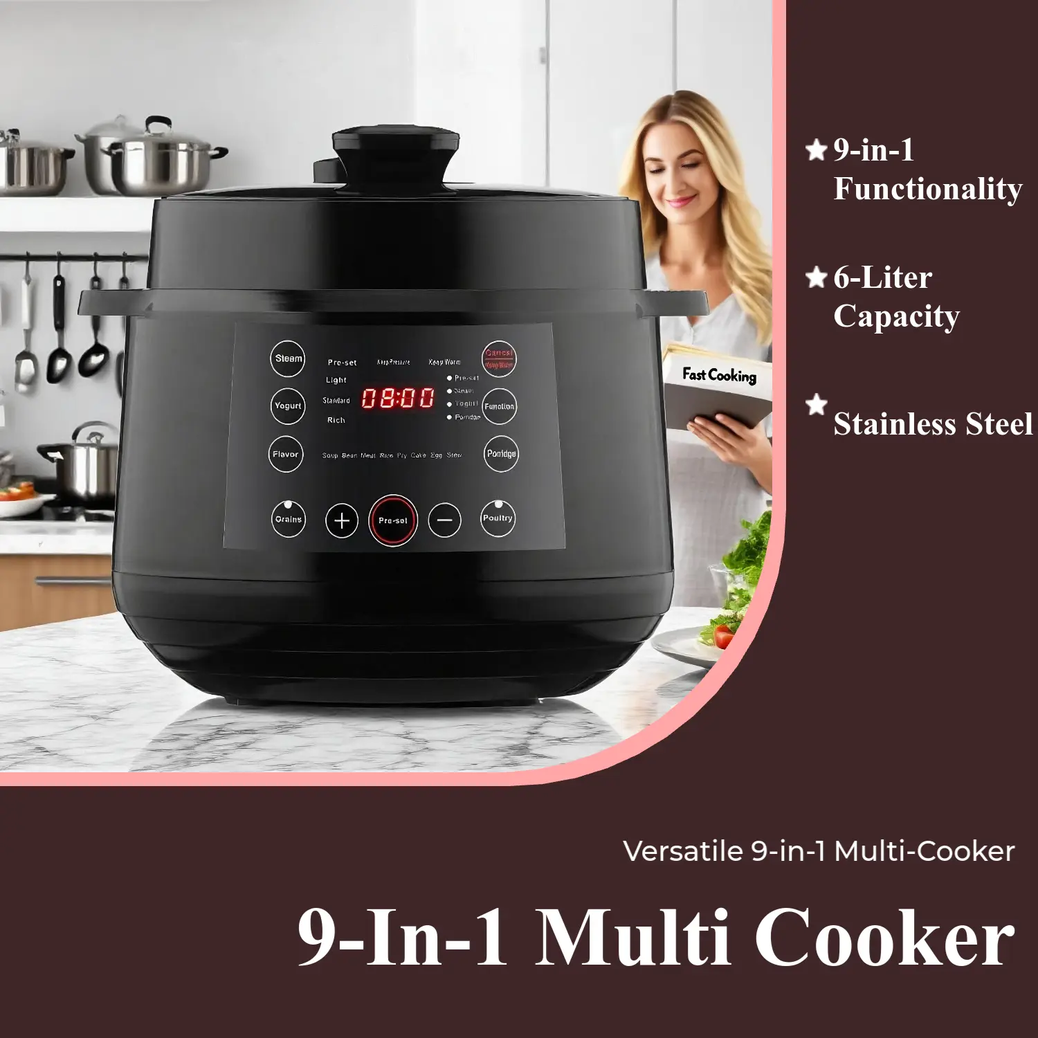 FCPVHOY 9-in-1 Multi Cooker - 6L 1000W Stainless Steel Programmable Automated Cooking Rice & Pressure Cooker for Busy Households with Steamer, Sauté Pan, Food Warmer, Yogurt Maker Functions, Automated Cooking Rice & Pressure Cookers