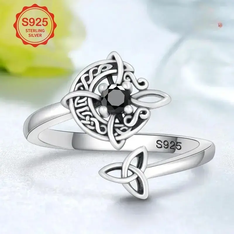 Adjustable Moon Witch Knot Ring with Black Diamond Accents, Goth Alternative Artistic Moon Motif Ring, Women's Adjustable Fashion Accessory, Mystic Style Unique Gift