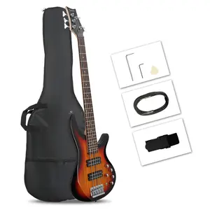Right-Hand 44-Inch 5-String H-H Pickup Beginner-Friendly Electric Bass Guitar, Wooden Laurel Wood Fingerboard, Adjustable Accessories, Sunset Color, with Carry Bag