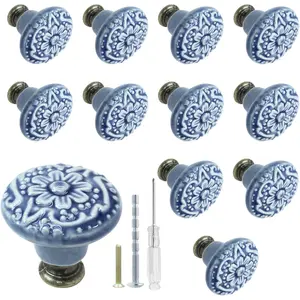 12 Pcs Light Blue Vintage Round Ceramic Cabinet Knobs and Pulls for Drawer Cupboard Closet Door
