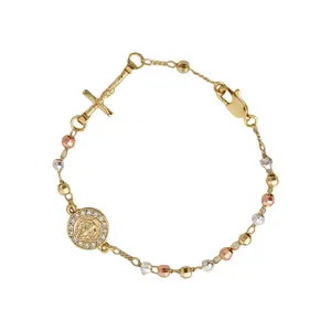 Gold Plated Crucifix Rosary Bead Link Chain Bracelet For Women Religious Gift