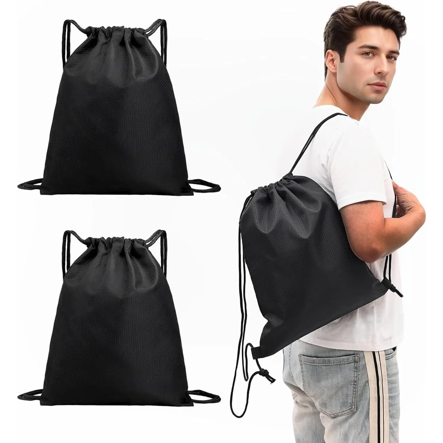 Adults' Gym-Style Ultralight Drawstring Backpacks - 210D Oxford Fabric, Waterproof Soccer-Texture, 16.9in x13.8in, 0.19lb Palm-Sized Foldable, Laces, Extra Grip, All Seasons Marathon Sports Gear Sacks
