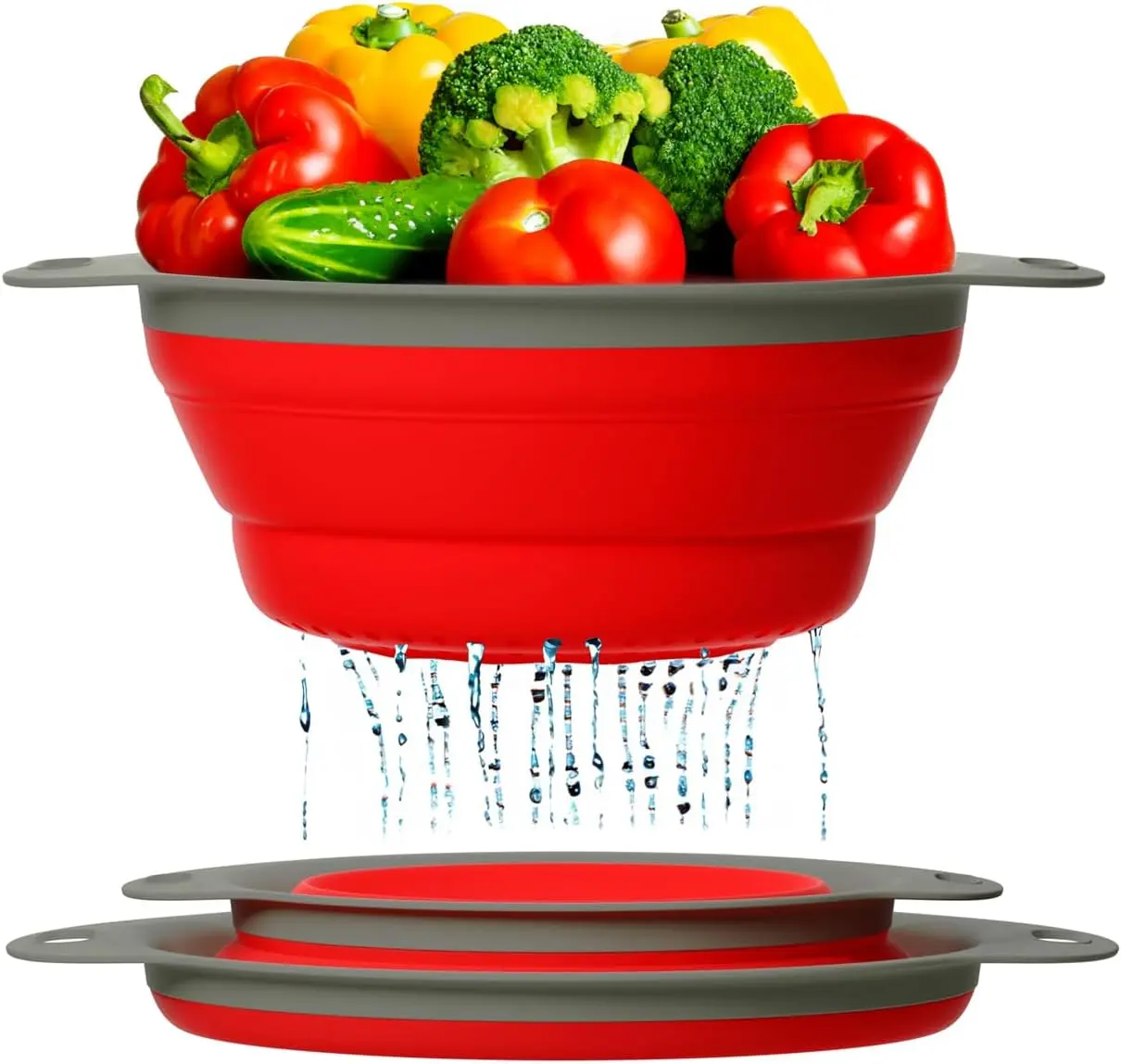 Kitchen Strainers Set of 2 - Collapsible Silicone Colanders For Easy Storage by Comfify - Use with Pasta & Veggies or as a Fruit or Berry Bowl with Strainer - Irreplaceable for Campers - Red
