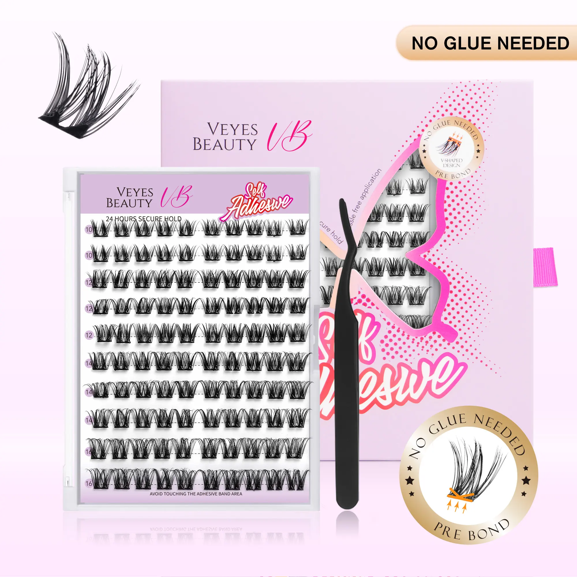 VEYESBEAUTY Self-Adhesive Cosmetic Eyelashes - Luxe Duo with Clear Glue, Upgraded Invisible Band for Natural Makeup Look