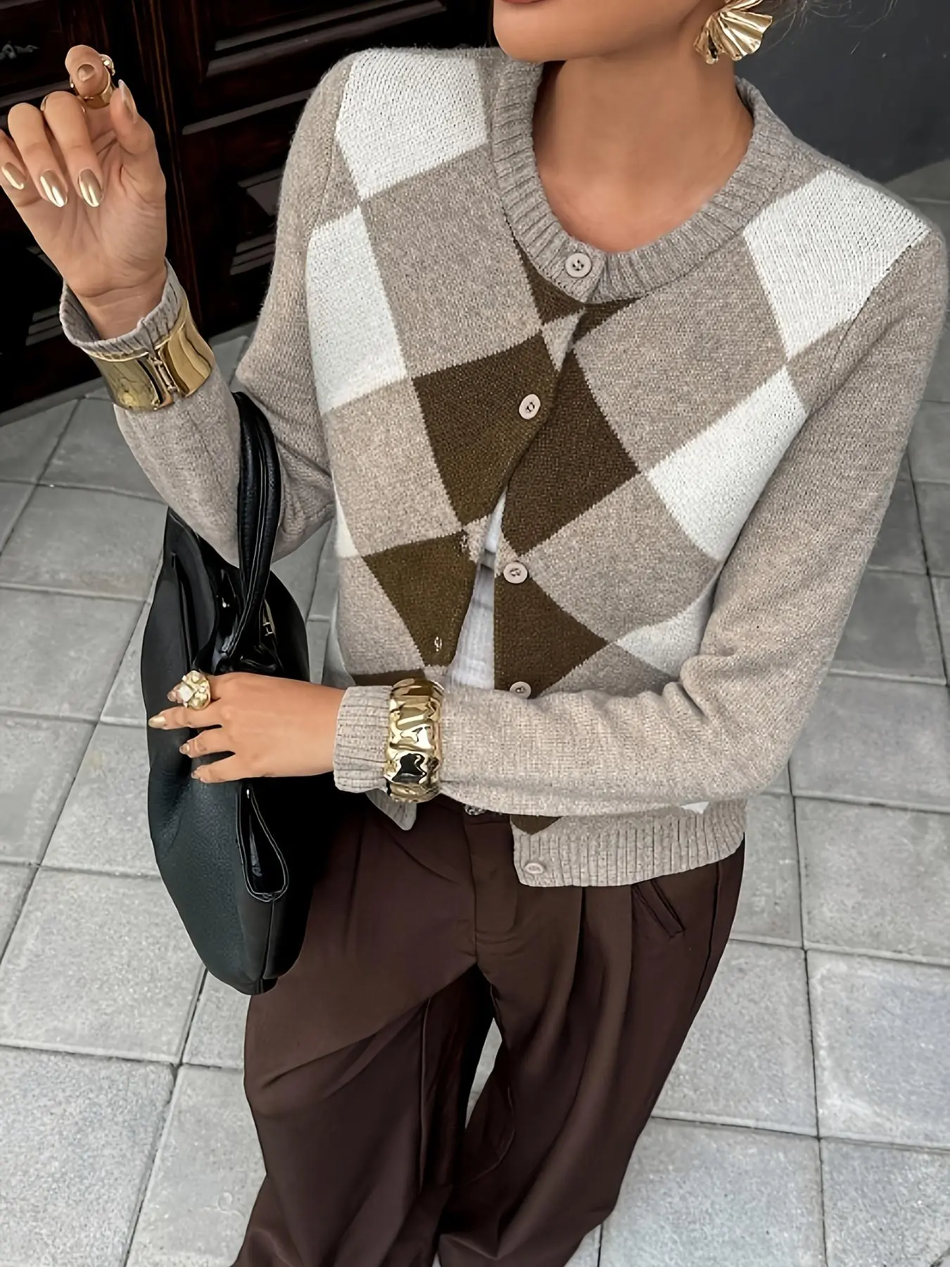 Women's Fashionable Long Sleeve Knit Knitting Button Cardigan, Colorblock Geometric Pattern, Round Neck, Fitted, All Seasons, Casual Wear, Polar Fleece Material, Knitwear, Womenswear