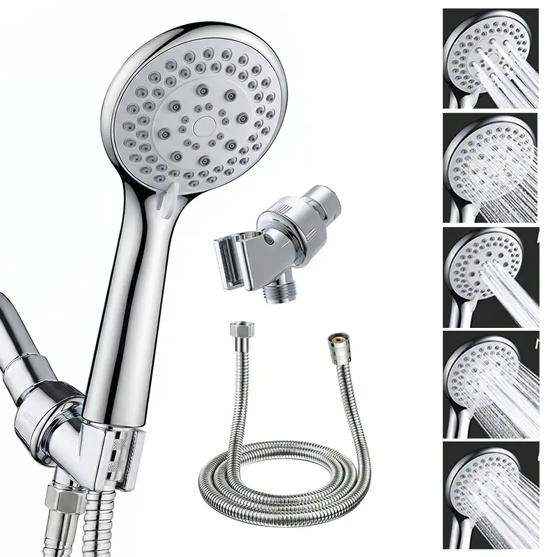5-Set adjustable high-pressure handheld shower, large flow, with stainless bracket & 59" anti-burst hose. Ideal for home, hotel, wall-mount, outdoor, RV. Modern upgrade, great for gifts & daily cleaning.
