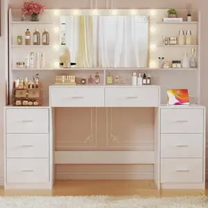 Large Vanity Desk with Mirror & Lights, White Makeup Vanity with 8 Drawers & 6 Storage Shelves, Vanity Set with LED Lights and Power Outlet, 3 Lighting Modes, Adjustable Brightness